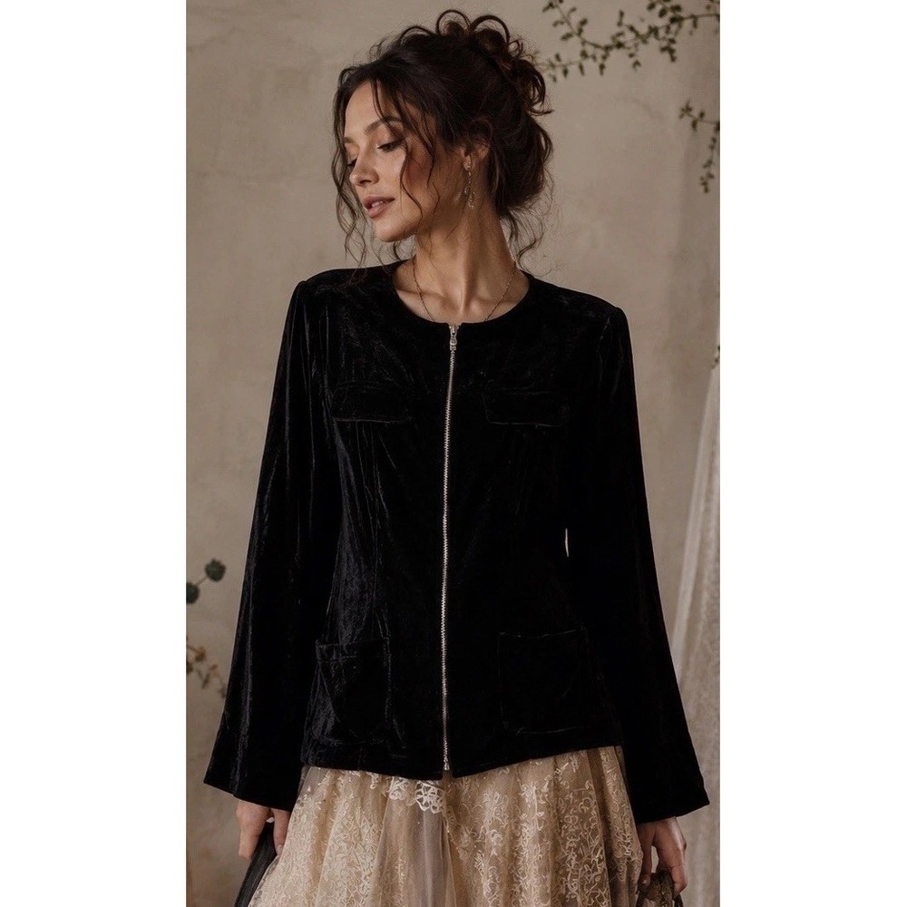 WD NY Black Velvet  Rhinestone Zipper Jacket Whimsygoth Dark Fairy Grunge 14